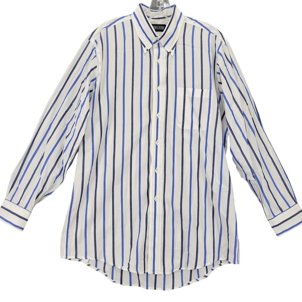Lands' End White Blue Striped Button Down Classic Long Sleeves Men Size 16 L Top